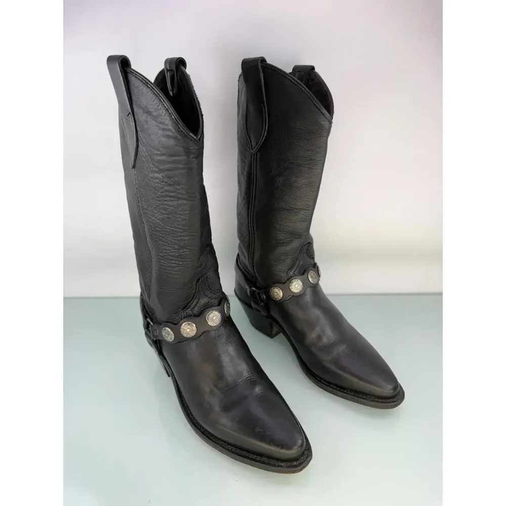 Abilene Black Leather Harness Concho Western‎ Cowgirl Boots USA 5.5M